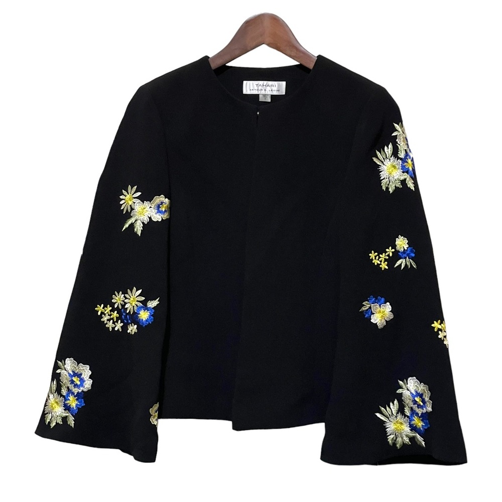 NWT Tahari ASL Black Jacket Blazer Topper Women's Size 6 Floral Embroidery